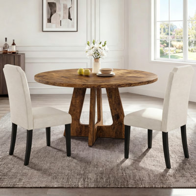 47.2" Farmhouse Round Dining Table Set for 2, Upholstered Dining Chairs with Ergonomic Backrest, Space-Saving Kitchen & Dining Room Furniture Set