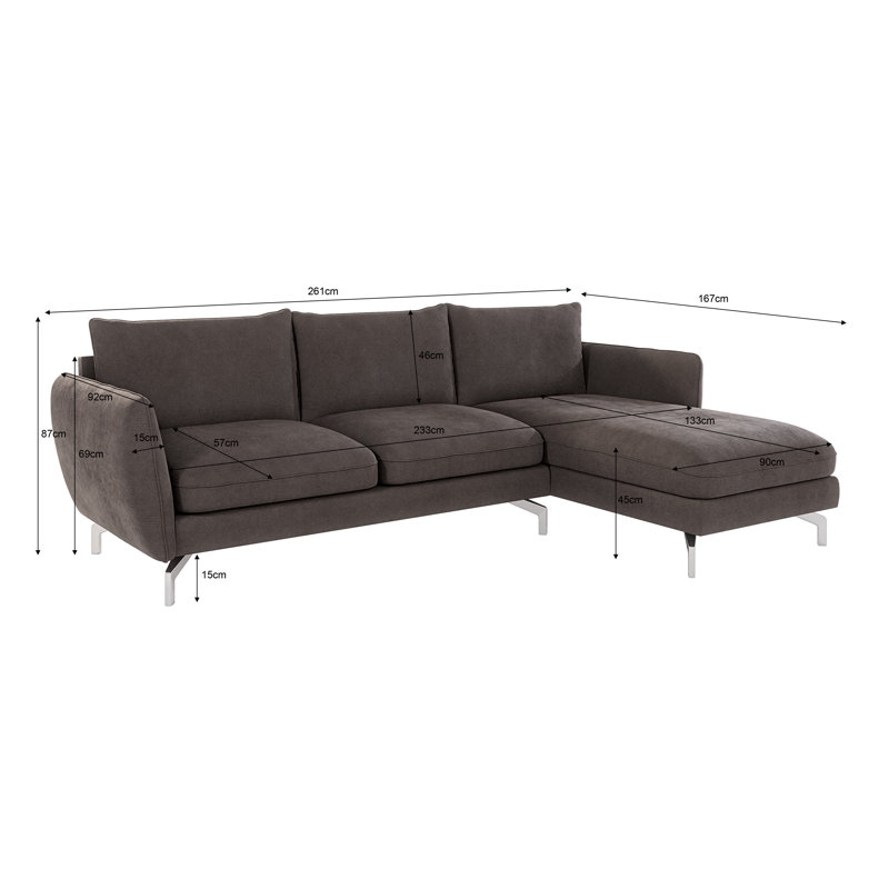 Modern L-Shape Corner Sofa Kimo with Silver Metal Legs, Right Hand Facing, Brown - Khaki