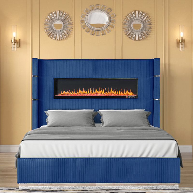 Ashray Upholstered Wingback Bed, Blue, Queen