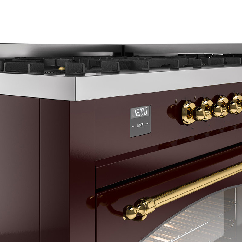 ILVE Nostalgie II Series 60 inch Dual Fuel Range with 9 Sealed Burners, Griddle (Glass Door), Liquid Propane, Burgundy/Brass