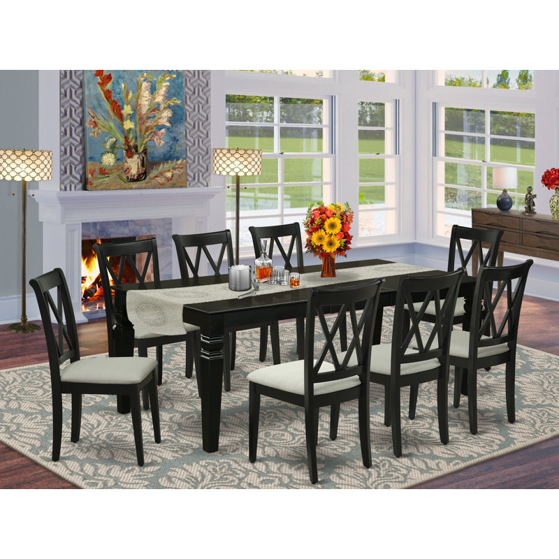 9 Piece Dining Room Table Set Includes a Rectangle Kitchen Table with Butterfly Leaf and 8 Linen Fabric Dining Chairs, Black