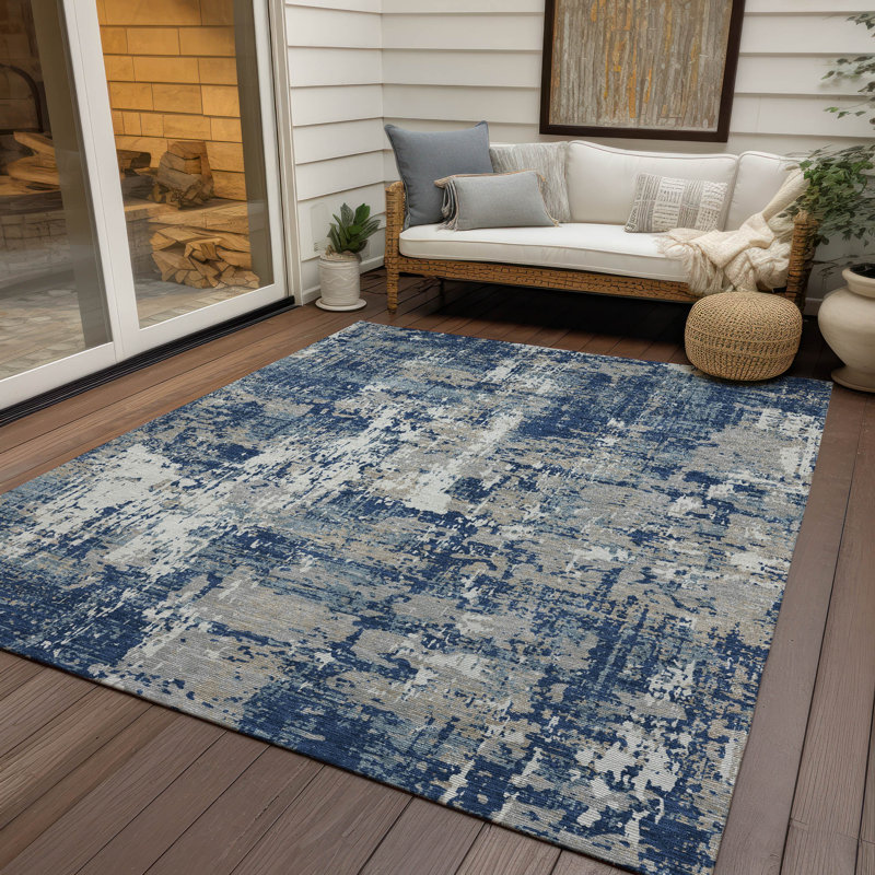 Navy Abstract Flat Woven Synthetic Washable Rug 2'6" x 3'10"