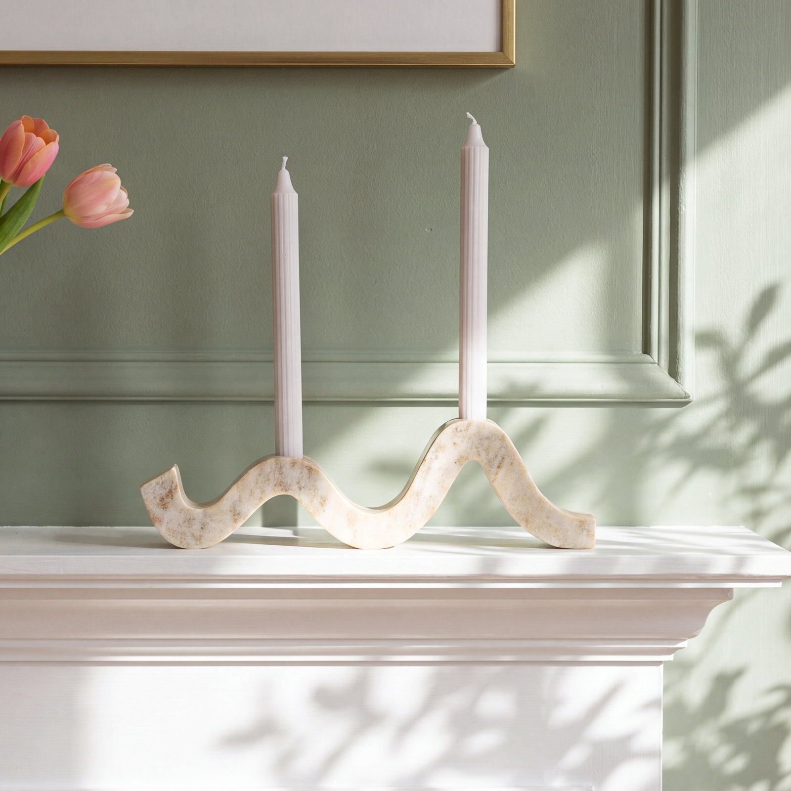 Marble Wave Double Taper Candle Holder, Beige