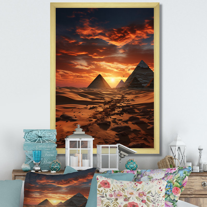 Égypte, pyramides dorées II - salon égyptien, Encadrement doré, H 40 po x l 30 po x P 1,5 po