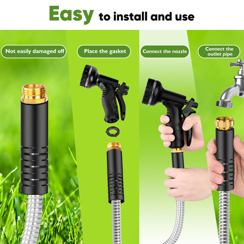 Metal Garden Hose With 10 Function Nozzle, 15" H x 1500" L x 15" D