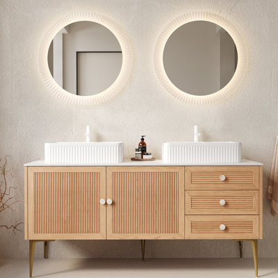 Meuble-lavabo de salle de bain avec lavabos, armoire de rangement autoportante, plusieurs tiroirs et portes, lavabos en céramique, pré-assemblé pour une installation facile