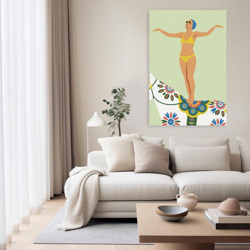 «Woman on Dala Horse Playful Abstract Contemporary Horse Summer Landscape», art mural