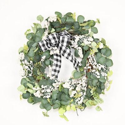 Plaid Bow Wreath 26" Faux Eucalyptus Berry Winter Christmas Wreath
