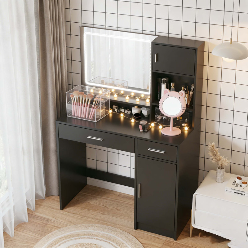 Vanity Desk With Mirror And LED Light Strip,Dressing Table With Large Drawer, 3 Level Storage Dresser & 3 Lighting Modes Adjustable Brightness, Suitable For Bedroom(Black)