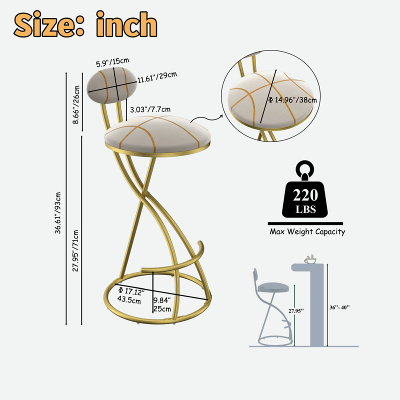Ensemble de 2 tabourets de bar ronds modernes avec dossier en velours et structure en métal, Doré