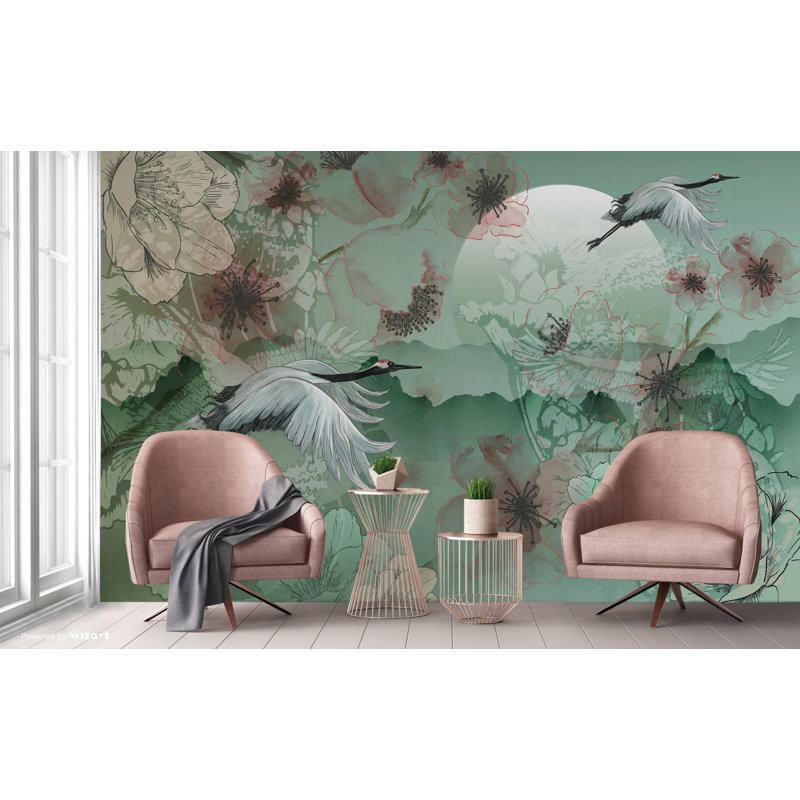 Papier peint Serene Cranes And Blossoms, L 110,04 po x l 163 po, Vert