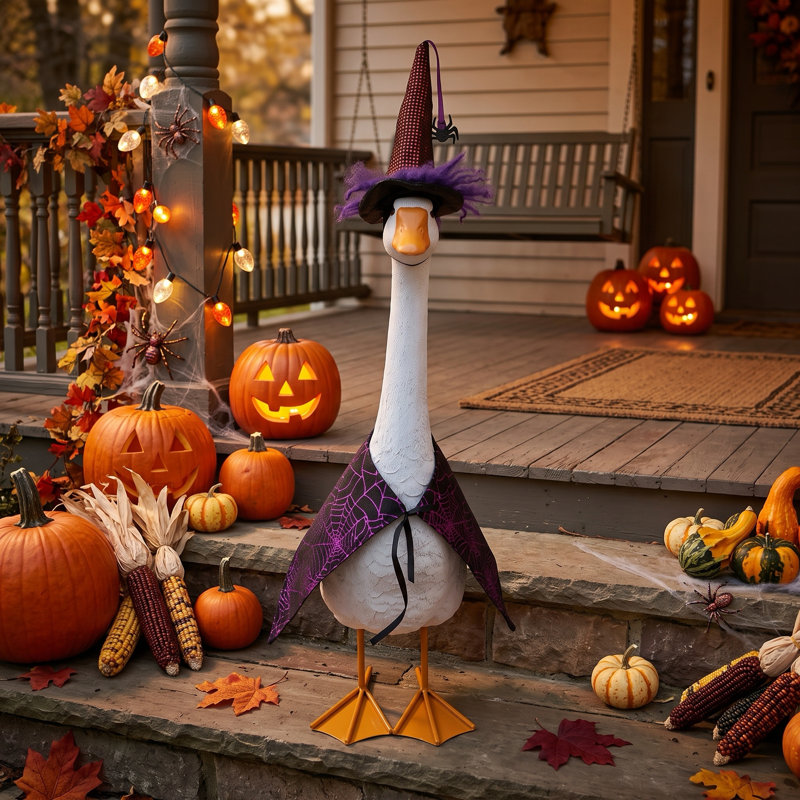 Statue d'oie de jardin en résine blanche et jaune de 62,6 cm (24,65 po) pour l'Halloween
