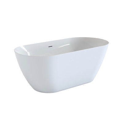 55" Acrylic Freestanding Bathtub, Oval Deep Soaking Bathtub With Center Pop-Up Drain & Integrated Overflow, Contemporary Stand Alone Bath Tub For Bathroom Spa Or Home Upgrade, Glossy White
