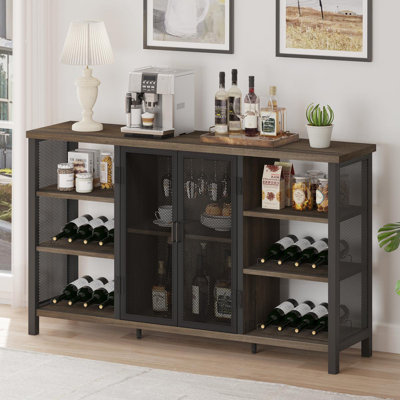 Guinna Industrial Wine Bar Cabinet For Liquor And Glasses, Farmhouse Wood Coffee Bar Cabinet With Wine Rack, Metal Sideboard And Buffet Cabinet