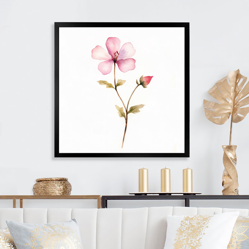 Décoration murale isolée fleur de pensée rose avec bourgeon - fleurs sauvages, H 30 po x l 30 po x P 1 po, Cadre simple noir