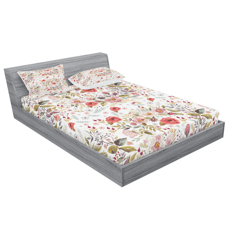 Microfiber Floral Sheet Set, Queen Sheet Set + Fitted Sheet + 2 Pillowcases, White/Red/Green Floral