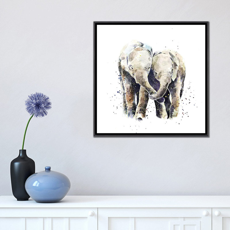 Deux éléphants par EdsWatercolours - impression, Pas de tapis, H 18 po x l 18 po x 1,5 po, Toile avec cadre noir patiné