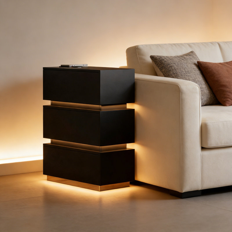 3-Drawer LED Smart Nightstand with Light, Black