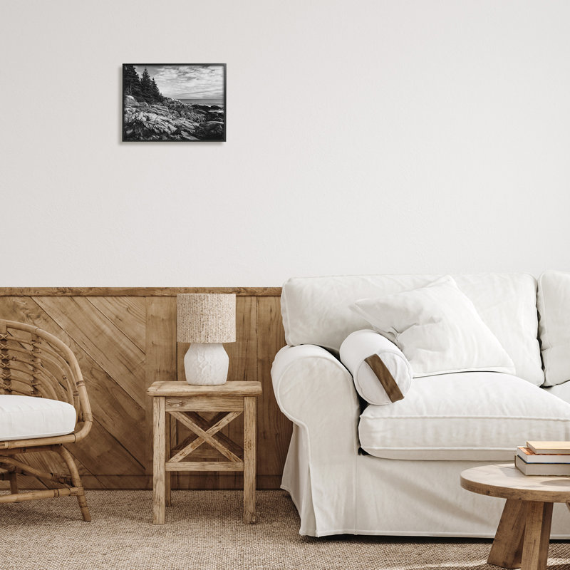 Océan rocheux, côte nuageuse, monochrome, nature, L 11 po x H 14 po, Giclée encadrée noir minuit