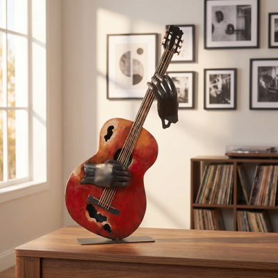 23"H Handmade Metal Guitar Sculpture, Hand-Painted Music Statue Decor For Home & Office