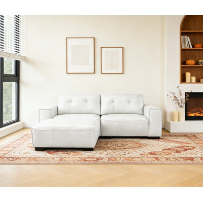 Bendire 85" Solid Wood Leather Sofa With Ottoman (Wheels) by Latitude Run