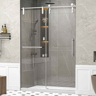 50-54" W * 76" H Frameless Single Sliding Shower Doors Without Soft-Close, Bathroom Sliding Shower Door With Towel Rail And Auxiliary Handle, 5/16" (8Mm) Thick SGCC Tempered Glass Door, Chrome