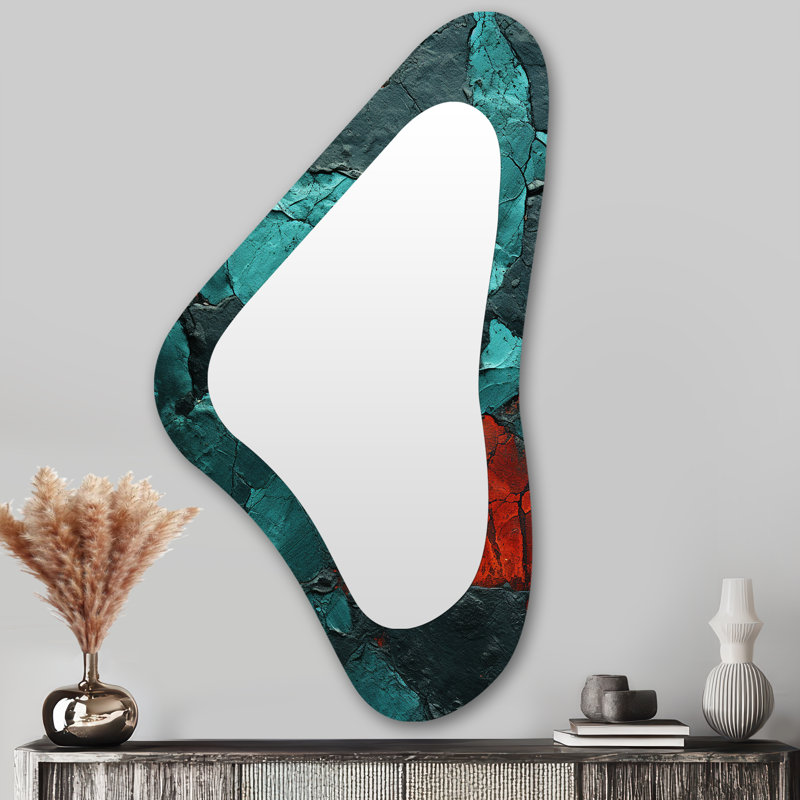 Passage Of Time In Vintage Teal - Transitional Asymmetrical Large Mirror, Modern Irregular Shape Unique Wall Mirror Decor, Printed Metal Art
