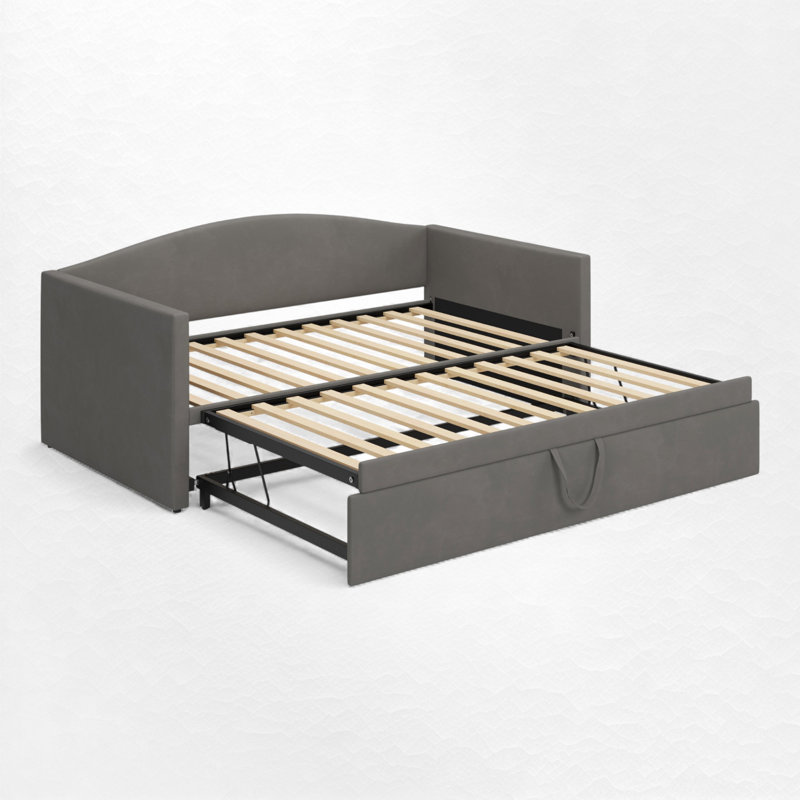 Upholstered Daybed With Trundle – Slat Support, Gray