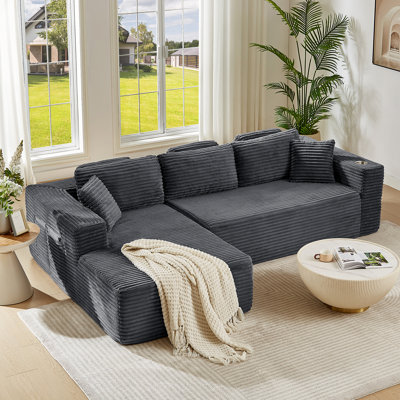 108" No Assembly Cloud Modular Sectional Sofa With L-Shape Chaise, Deeper Seat Corduroy Boneless Couch With 4 Storage Pockets For Living Room (Left Hand Facing Chaise, Grey)