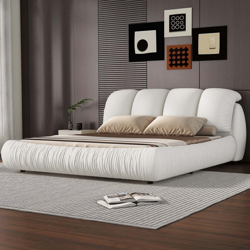 Upholstered Platform Bed with Oversized Padded Backrest, King, White