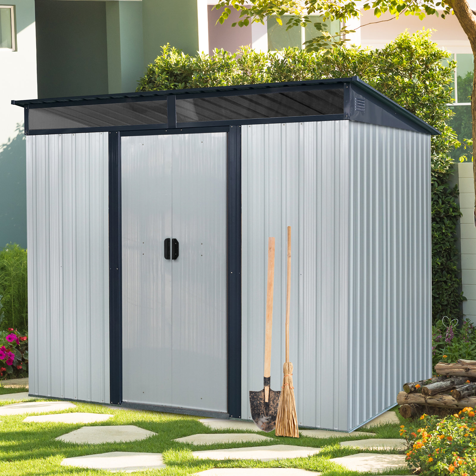 HOA.WWC 8x6 Metal Outdoor Storage Shed With Transparent Plate White ...