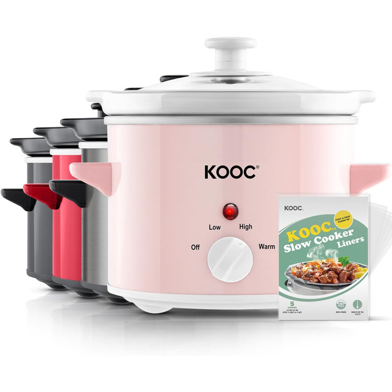 KOOC 2-Quart Small Slow Cooker with Free Liners for Easy Cleaning, Enhanced Ceramic Crock, Adjustable Temperature Settings, Reduced Nutrient Loss, Stainless Steel Finish in Pink, Round Design