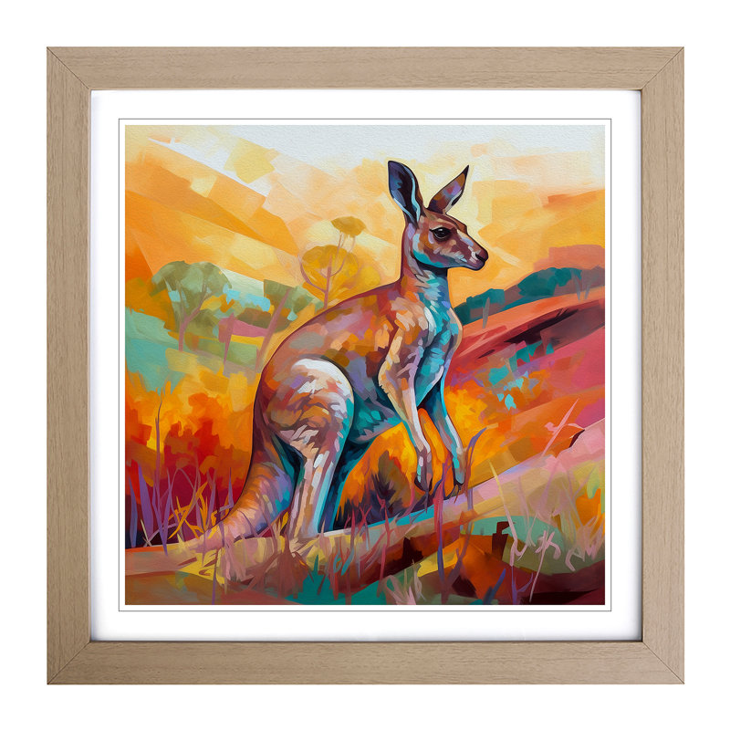 Kangaroo Colour Field Painting - Single Picture Frame Print on Wood, Oak