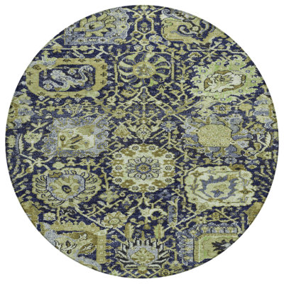 8' Fern Green And Blue Round Damask Washable Indoor Outdoor Area Rug
