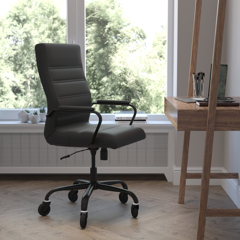 High Back Executive Swivel Office Chair with Frame, Arms, and Transparent Roller Wheels, Black, Black