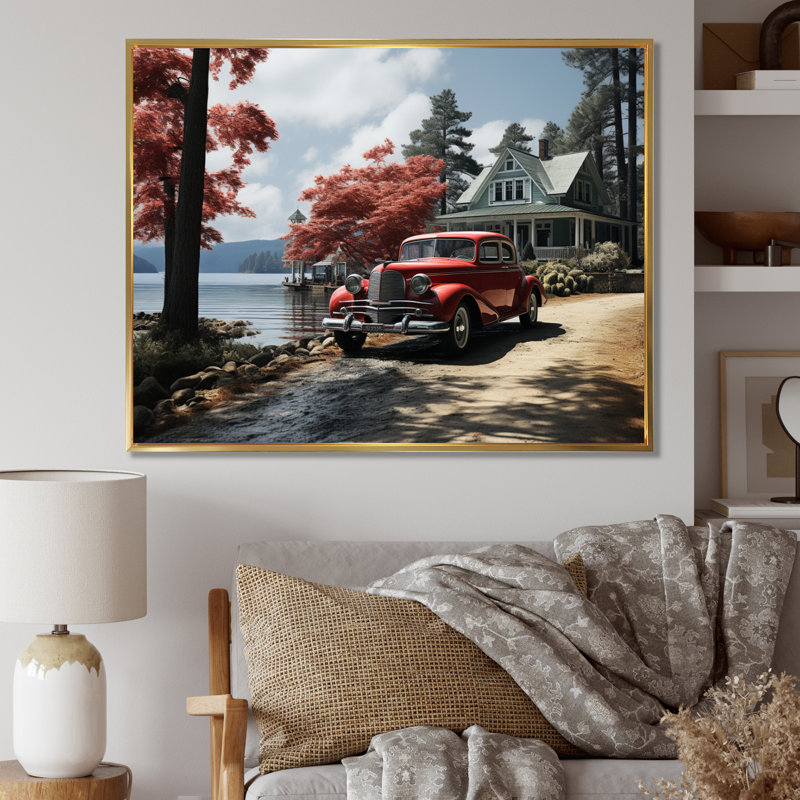 Impression sur toile Lakehouse Vintage Lakeside, Cadre flottant doré, H 34 po x l 44 po x P 1,5 po