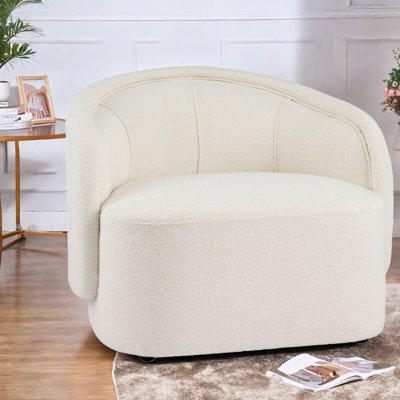 Ergonomic Cream Bouclé Accent Chair, Polyester Wood Blend For Home Lounge