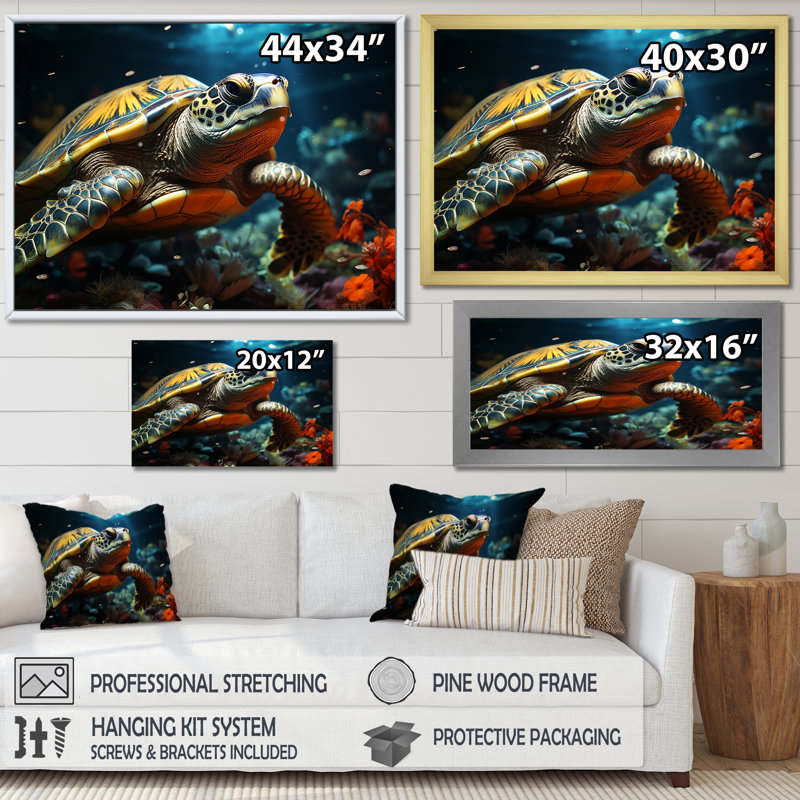 «Serene Turtle Underwaters III», reproduction sur toile, H 12 po x l 20 po x P 1 po, Cadre flottant doré
