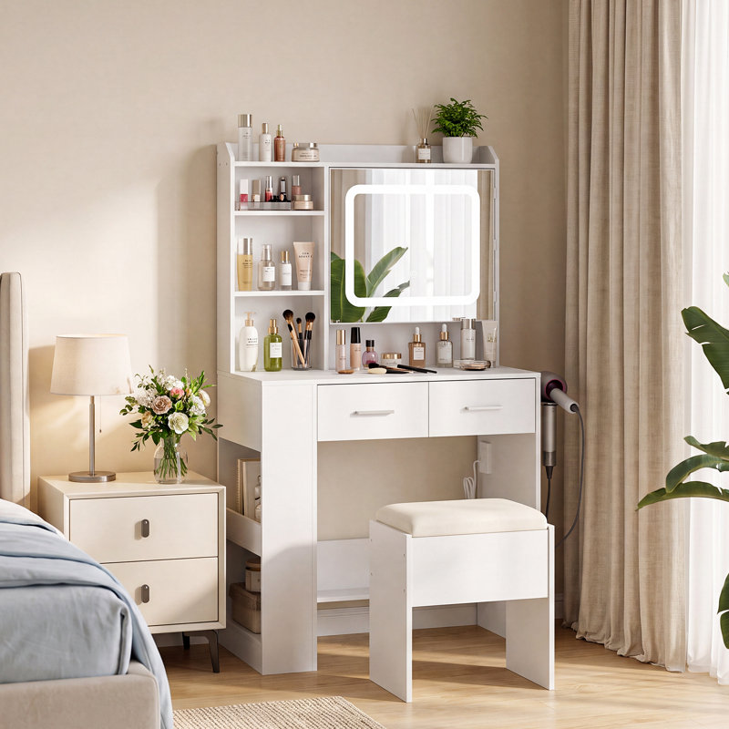 Ensemble de coiffeuse avec miroir et lumières, ensemble de coiffeuse blanche avec station de charge, 2 tiroirs, tablettes de rangement, armoire d'appoint et tabouret rembourré, coiffeuse en bois pour la chambre à coucher
