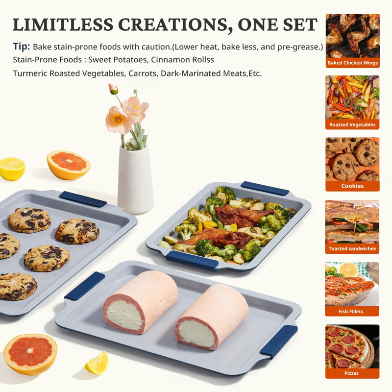 Ensemble de 3 plaques à pâtisserie antiadhésives en céramique, plaques à biscuits non toxiques (sans PFAS / PFOA / PTFE), plateaux de four en acier avec poignées en silicone, résistant à la rouille et à la déformation jusqu'à 500 ° F