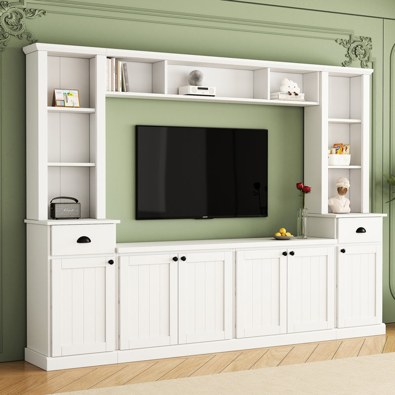 Meuble télé mural élégant pour téléviseurs de 75 pouces, blanc, avec étagères ajustables et grand espace de rangement. Console de télévision avec pont supérieur.