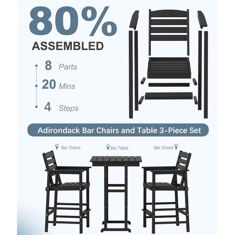  Ensemble de bar d'extérieur Hdpe, ensemble de chaises de bar et de table Adirondack haut (3 pièces), Noir
