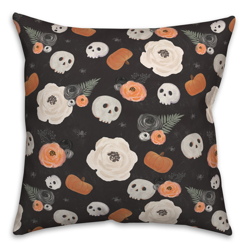 Coussin Spooky, Motif floral noir, H 18 po x l 18 po, Carré