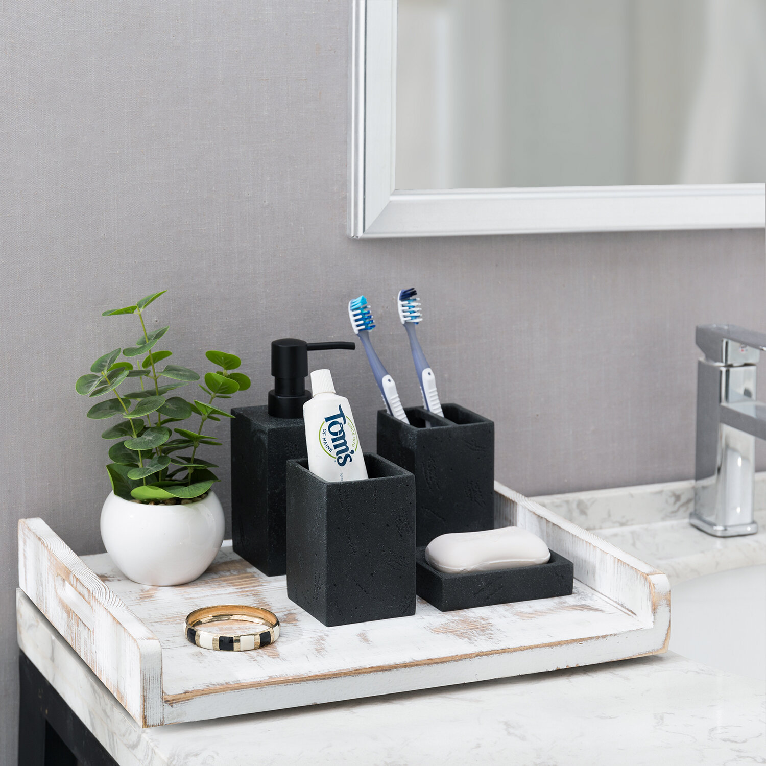 Marble Style, Dark Wood Rectangular Bathroom Accessories Set with Pump  Dispenser, Tumbler, Toothbrush Holder, Soap Dish