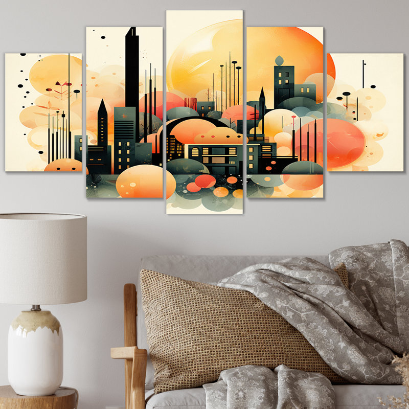 Pleine lune, ville minimaliste en rétro V - art mural moderne sur toile géométrique - 5 panneaux