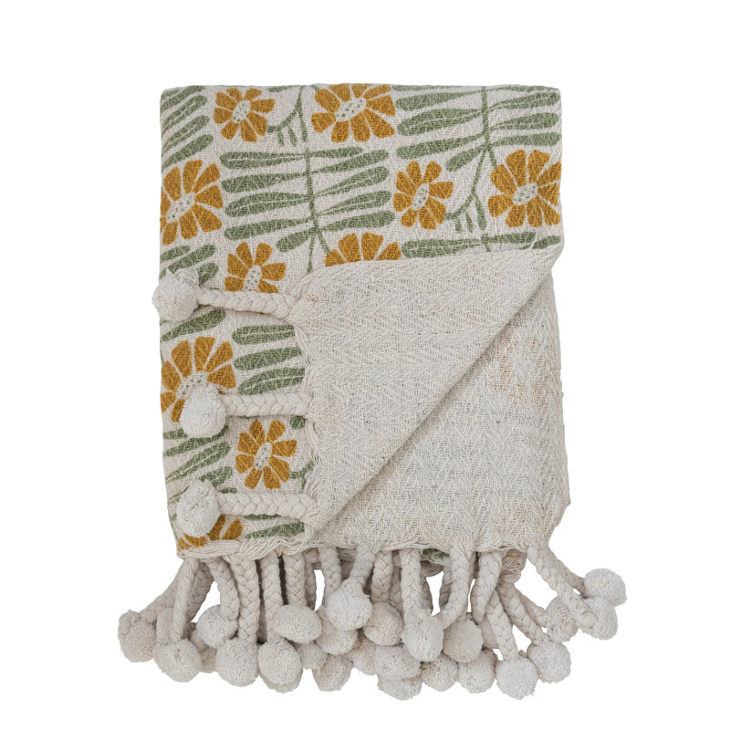 Sage and Mustard Floral Cotton Blend Throw with Pompom Tassels