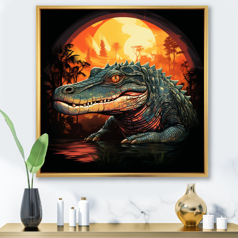 Crocodile orange et vert coucher de soleil - Art mural crocodile / alligator, Cadre flottant doré