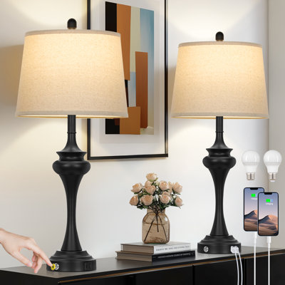 Modern 30'' Black Table Lamp Set with USB & Type-C Ports, Oatmeal Linen Shade