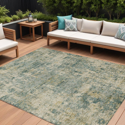 Tapis extérieur lavable abstrait vert artichaut 10 pi x 14 pi vert et bleu sarcelle