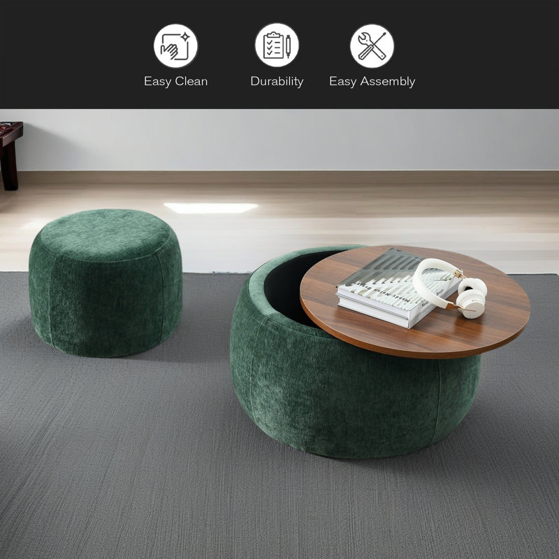 Round Storage Ottoman, 2 In 1 Function, Work As End Table And Ottoman,With Small Seat, Green